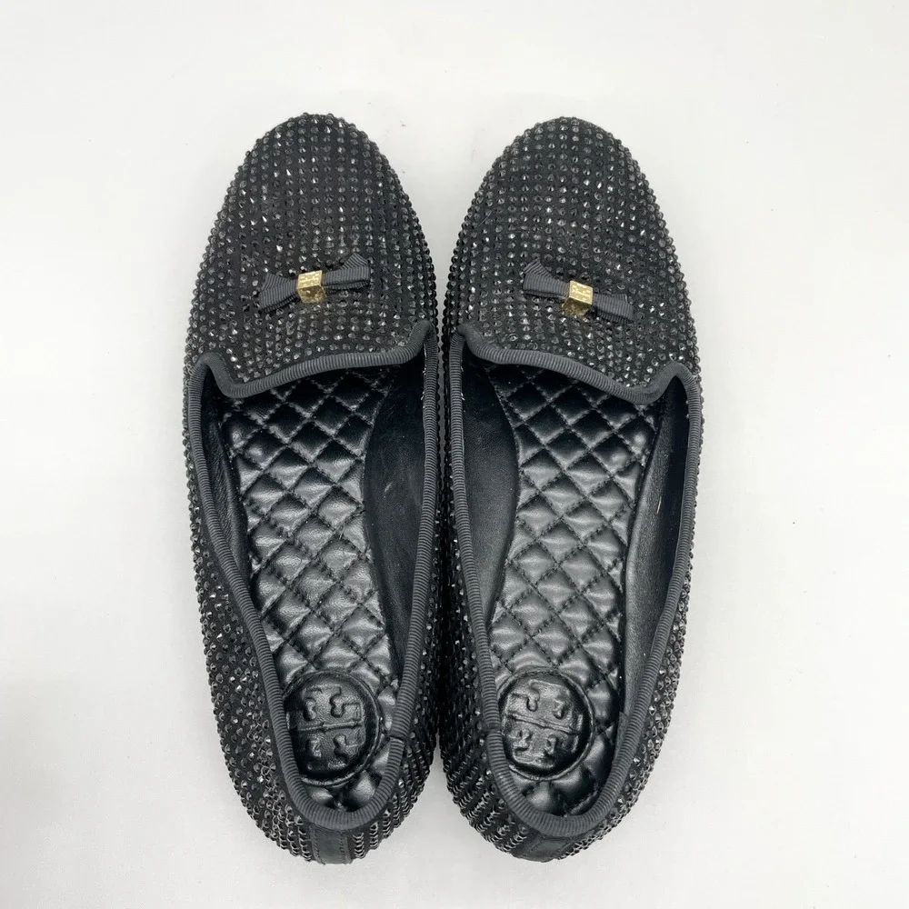 Tory Burch Womens 7M Chandra Black Crystal Suede Smoking Loafer Flat Preppy Glam